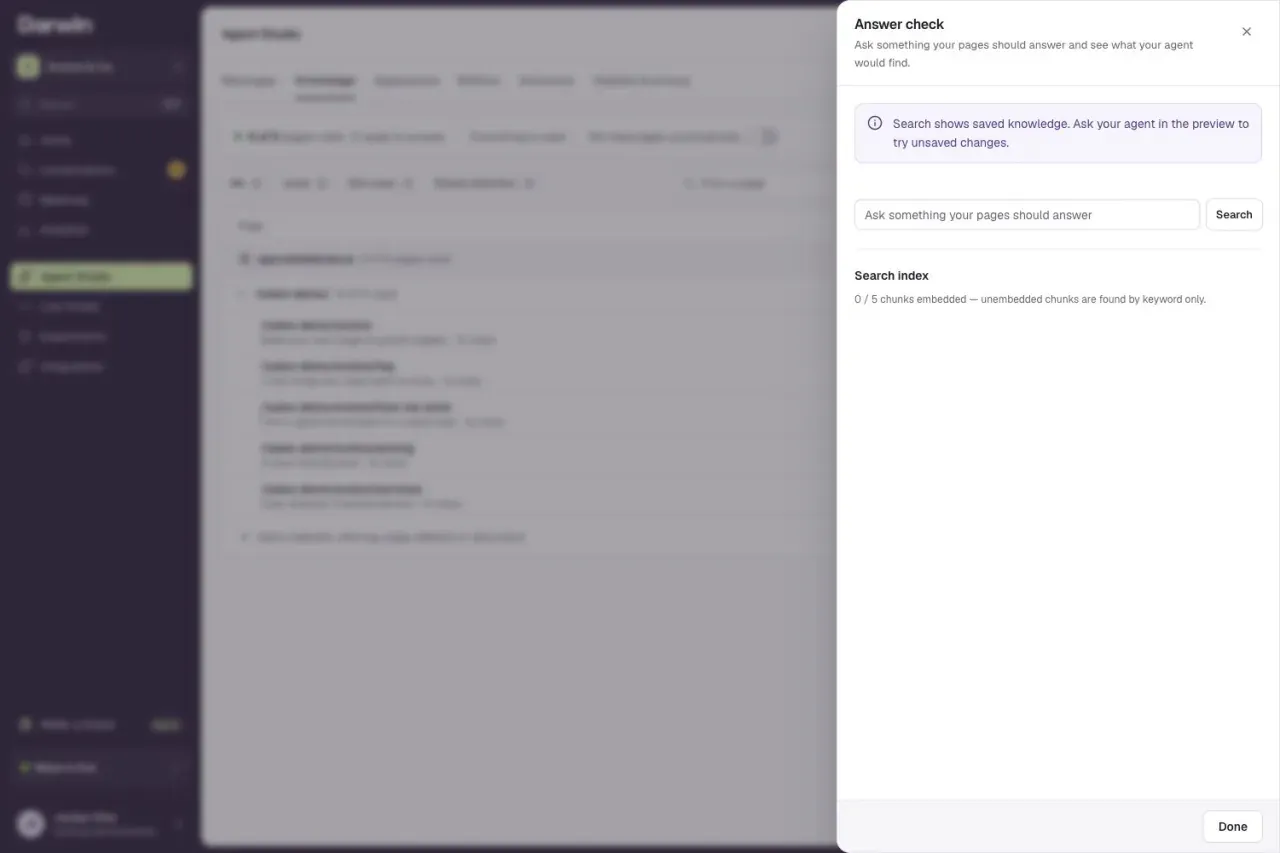 The Answer check panel with a question field, Search button and a notice that search uses saved knowledge.