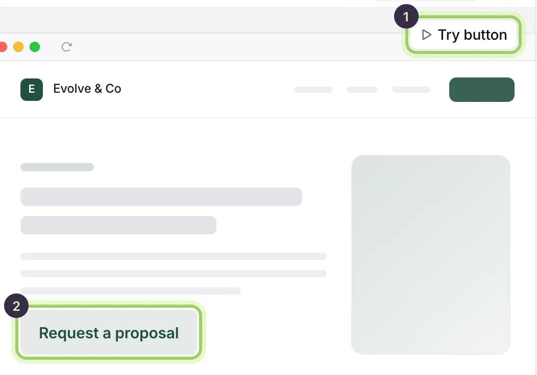 The preview beside the button: Try button marked 1, and the Request a proposal button on the sample page marked 2.