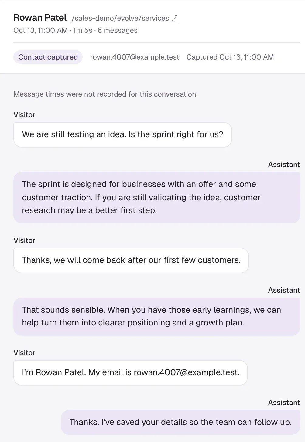 A transcript: Rowan Patel on /sales-demo/evolve/services, Contact captured with their email, then the visitor's questions and the agent's answers.