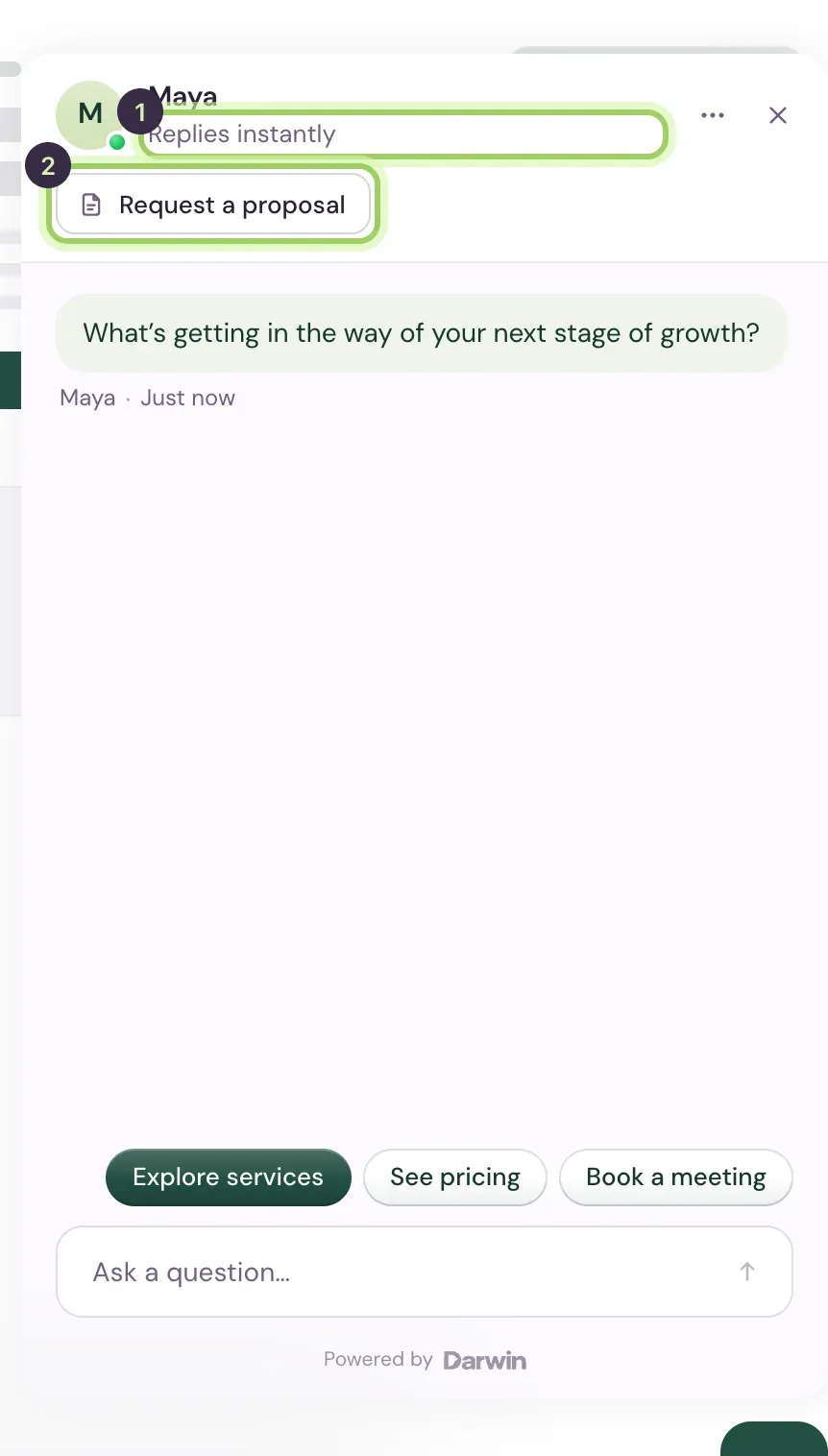 The open chat in the preview on the Agent page, ready for a question.