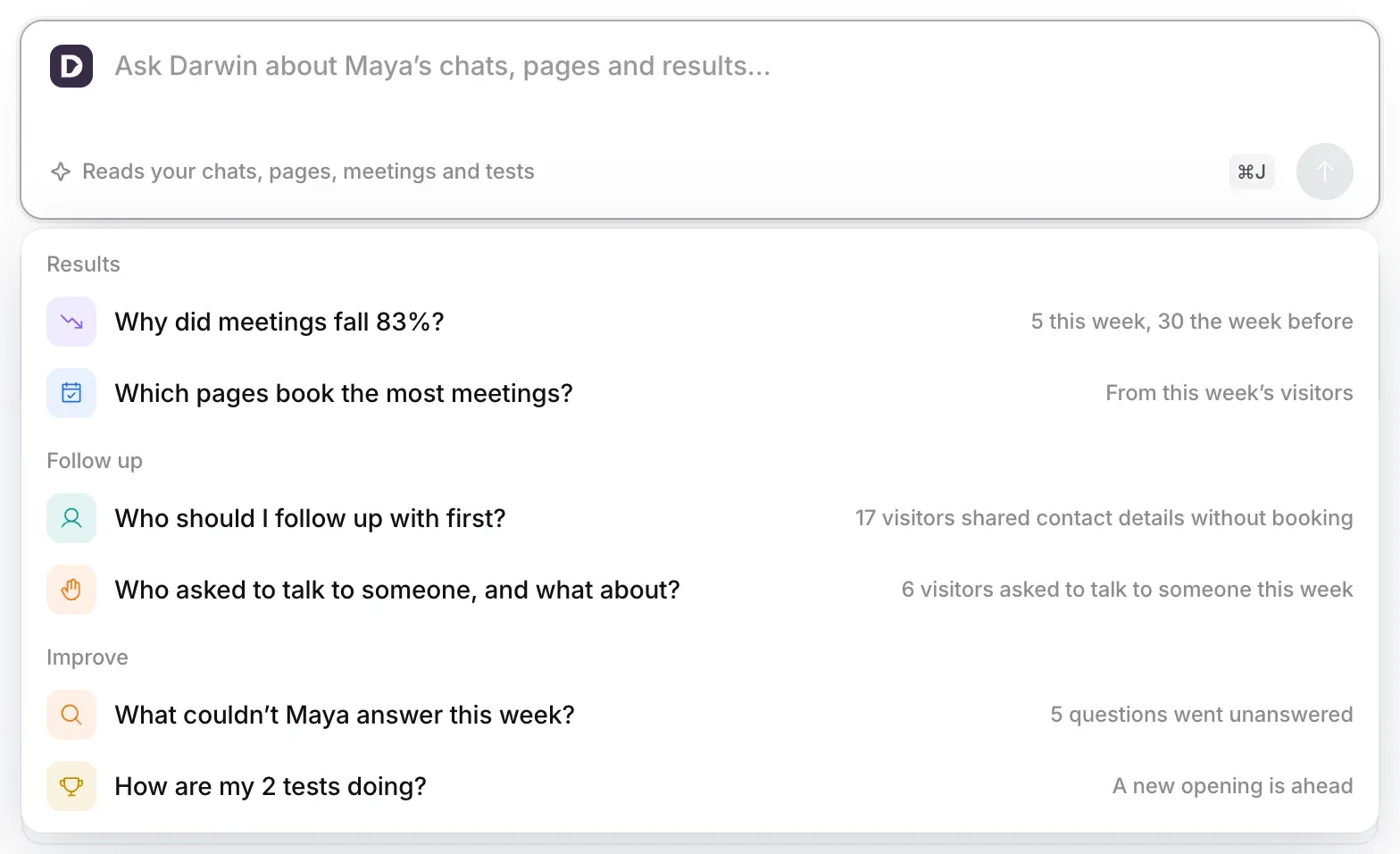 The Ask Darwin box open with suggested questions grouped under Results, Follow up and Improve, each with the number behind it.