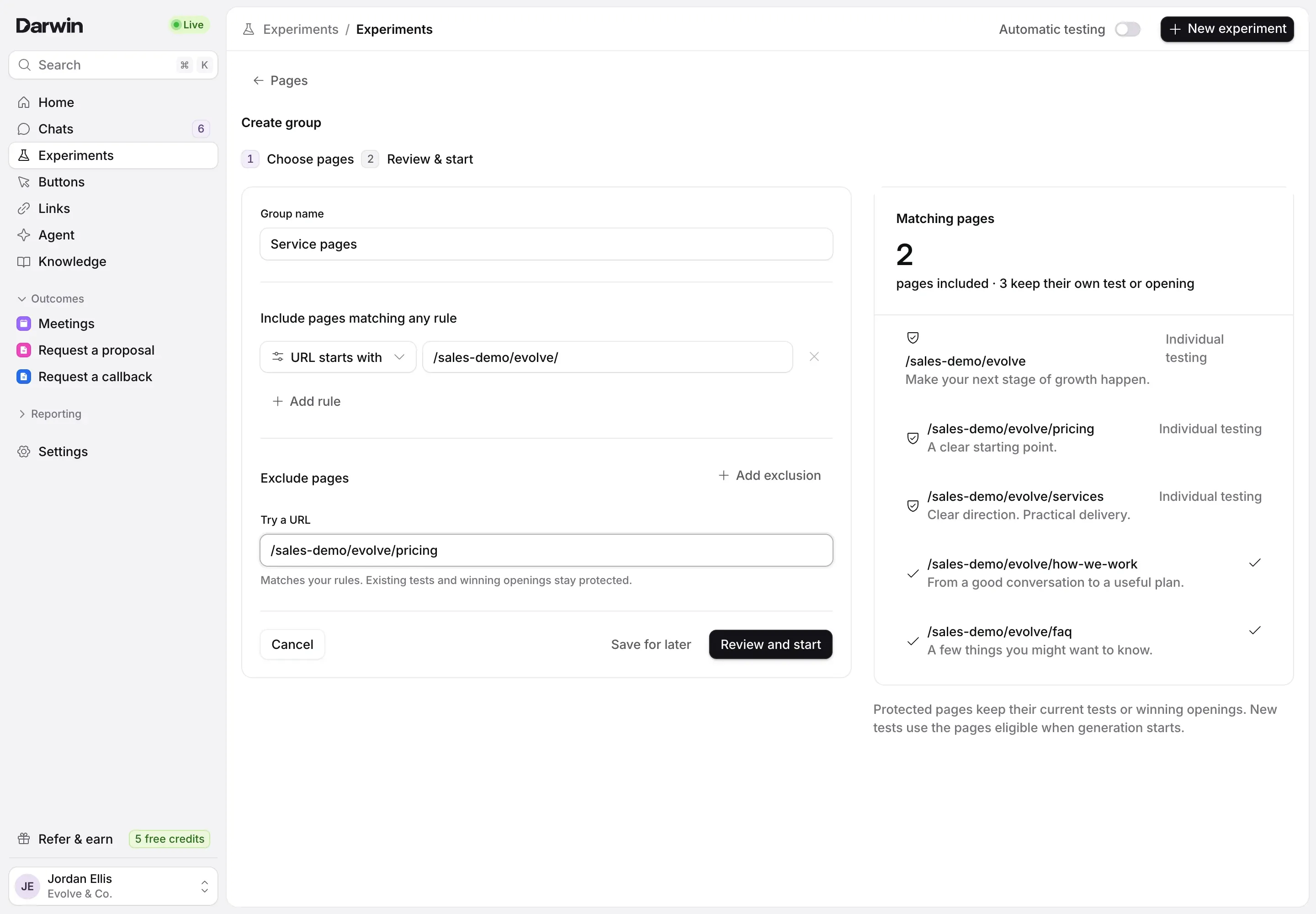 Create group in the Evolve & Co. demo: Group name, a rule including pages whose URL starts with /sales-demo/evolve/, Try a URL, and Matching pages on the right.