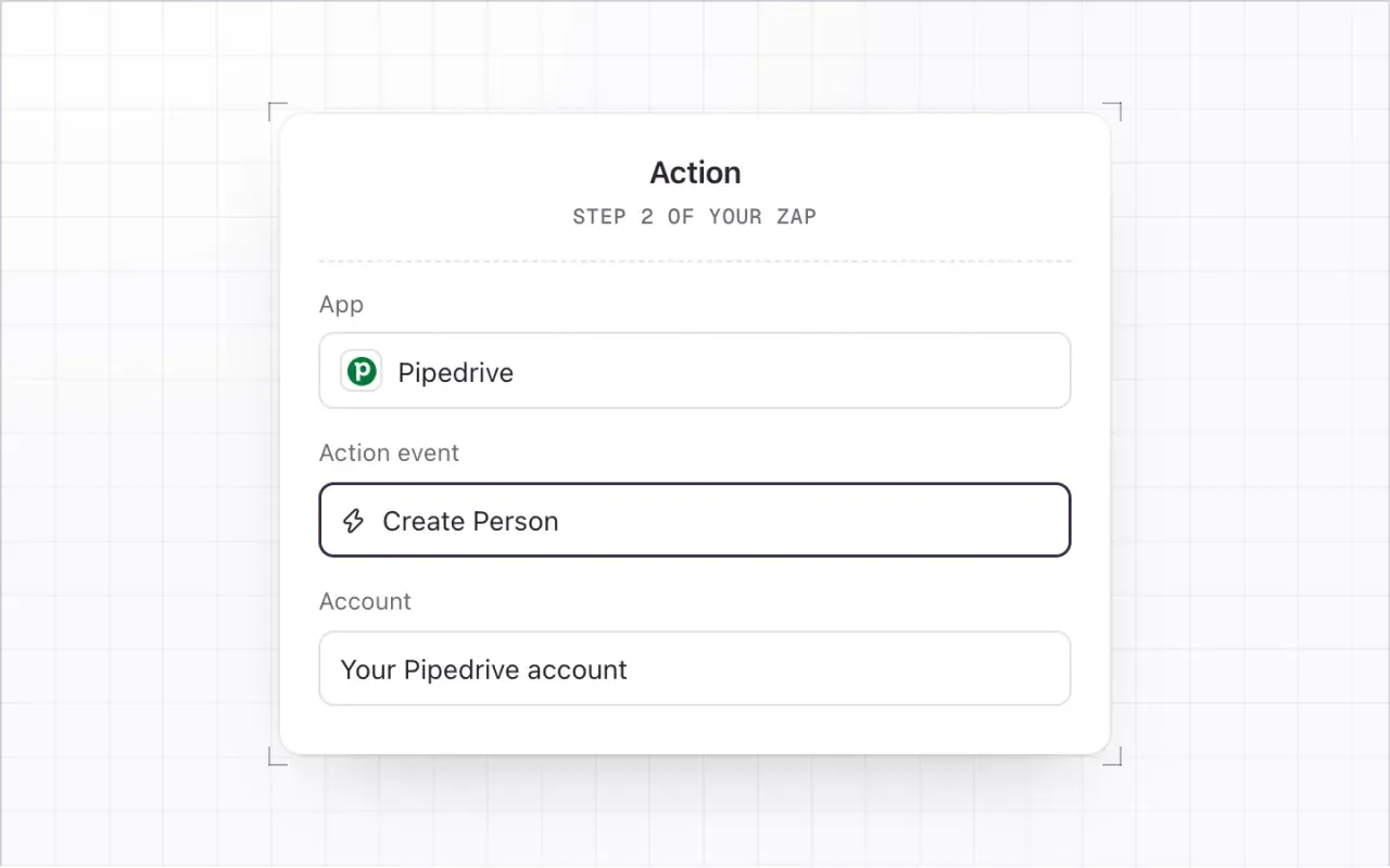 The Zap action: app Pipedrive and action event Create Person highlighted, with your Pipedrive account.