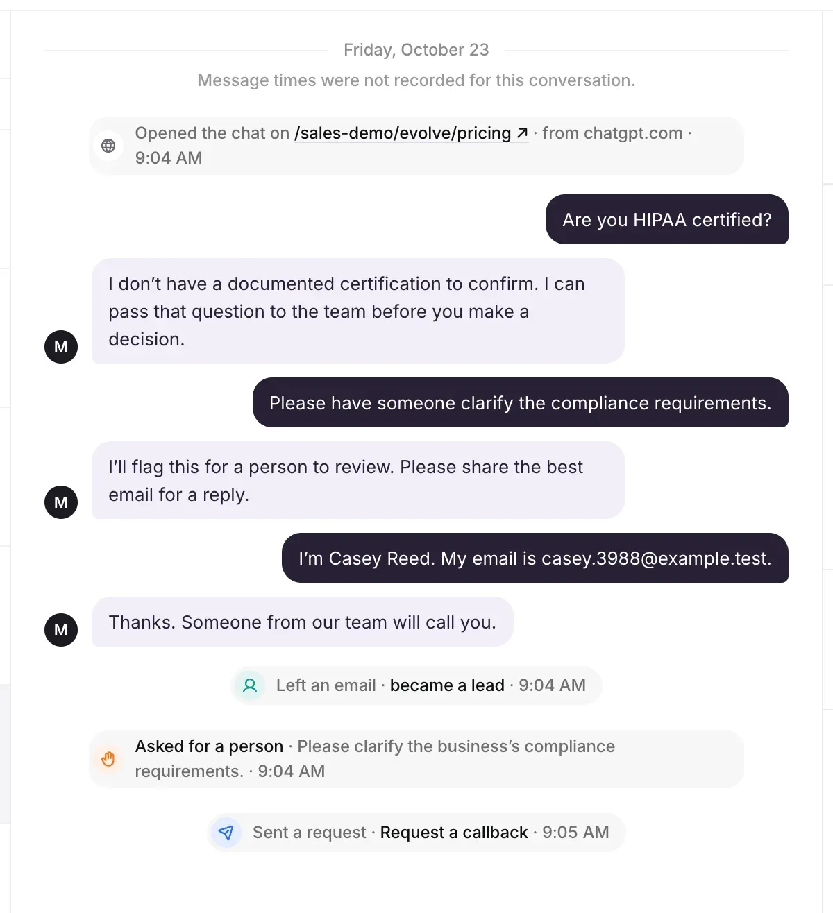 A conversation: Opened the chat on /sales-demo/evolve/pricing from chatgpt.com, the visitor’s questions and the agent’s answers, then Left an email, became a lead, Asked for a person, and Sent a request, Request a callback.