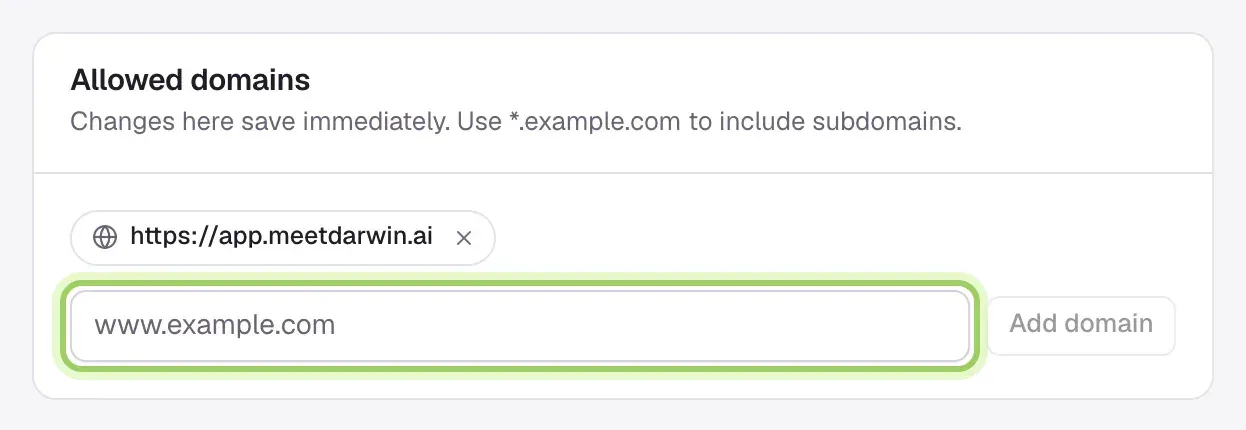 The Allowed domains section with one domain listed and the box for adding another marked.