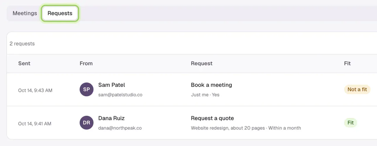 Meetings with Requests selected, marked: 2 requests, Sam Patel's Book a meeting answers Just me and Yes marked Not a fit, and Dana Ruiz's Request a quote, Website redesign, about 20 pages and Within a month, marked Fit.