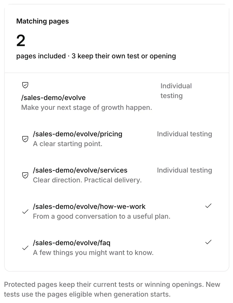 Matching pages: 2 pages included, 3 keep their own test or opening, with the protected pages marked by a shield and the included ones by a tick.