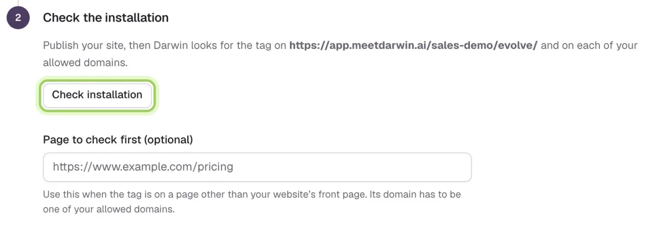 Step 2, Check the installation, with the Check installation button highlighted above the Page to check first field.
