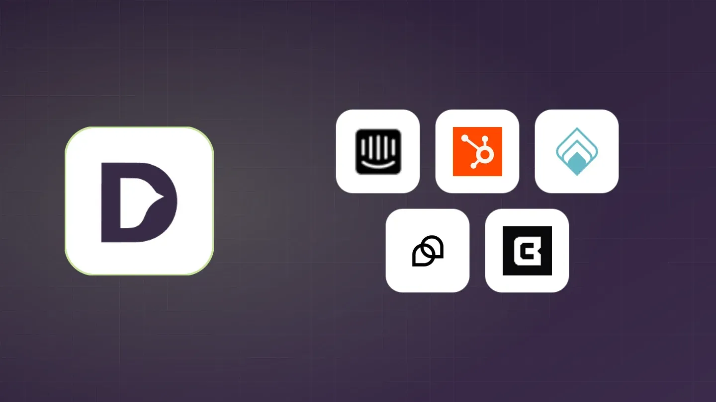 Darwin's logo beside the logos of five chatbot products featured in the examples: Intercom, HubSpot, Qualified, Tidio and Chatbase.