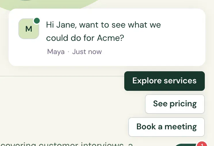 The chat's opening message on the website reading Hi Jane, want to see what we could do for Acme?, with the reply buttons Explore services, See pricing and Book a meeting.