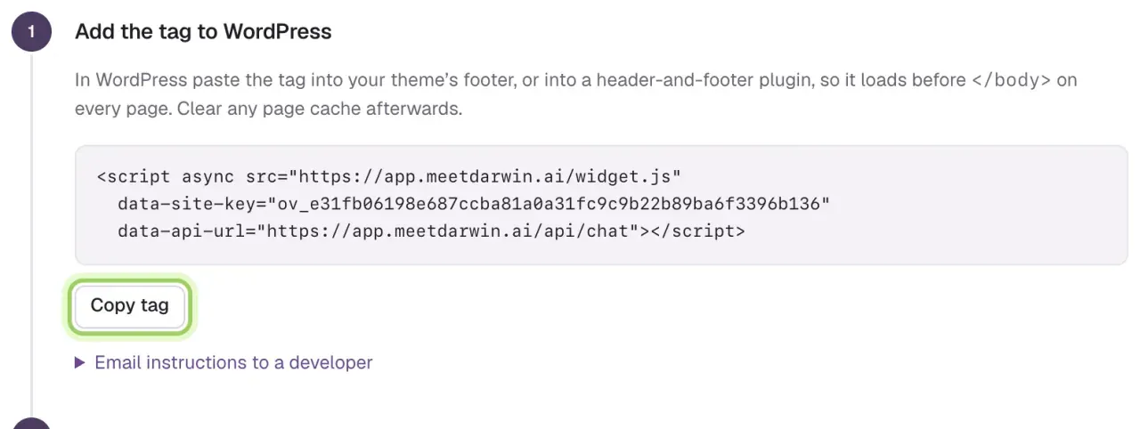 Step 1, Add the tag to WordPress, with the site tag and the Copy tag button highlighted.