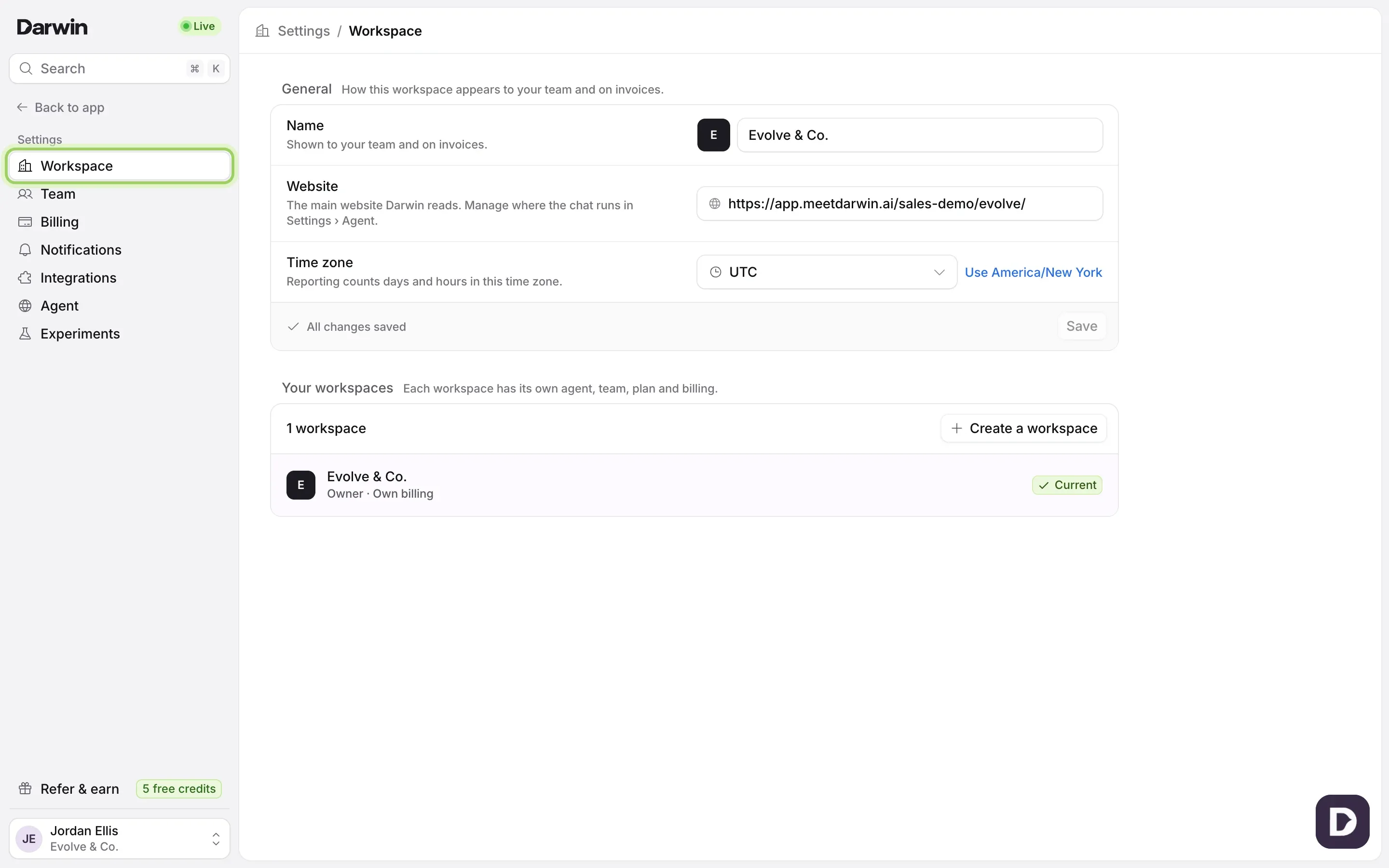 Settings open on Workspace: the Settings sidebar with Back to app at the top, then Workspace (highlighted), Team, Billing, Notifications, Integrations, Agent and Experiments.