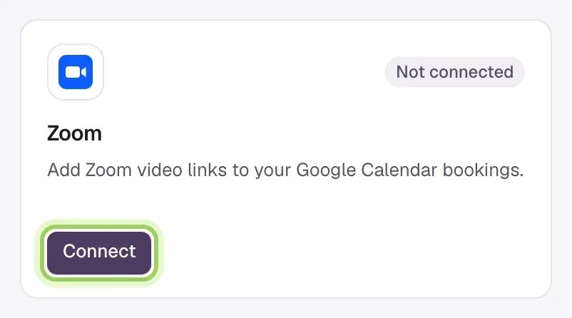 The Zoom card on the Integrations screen with its Connect button highlighted.