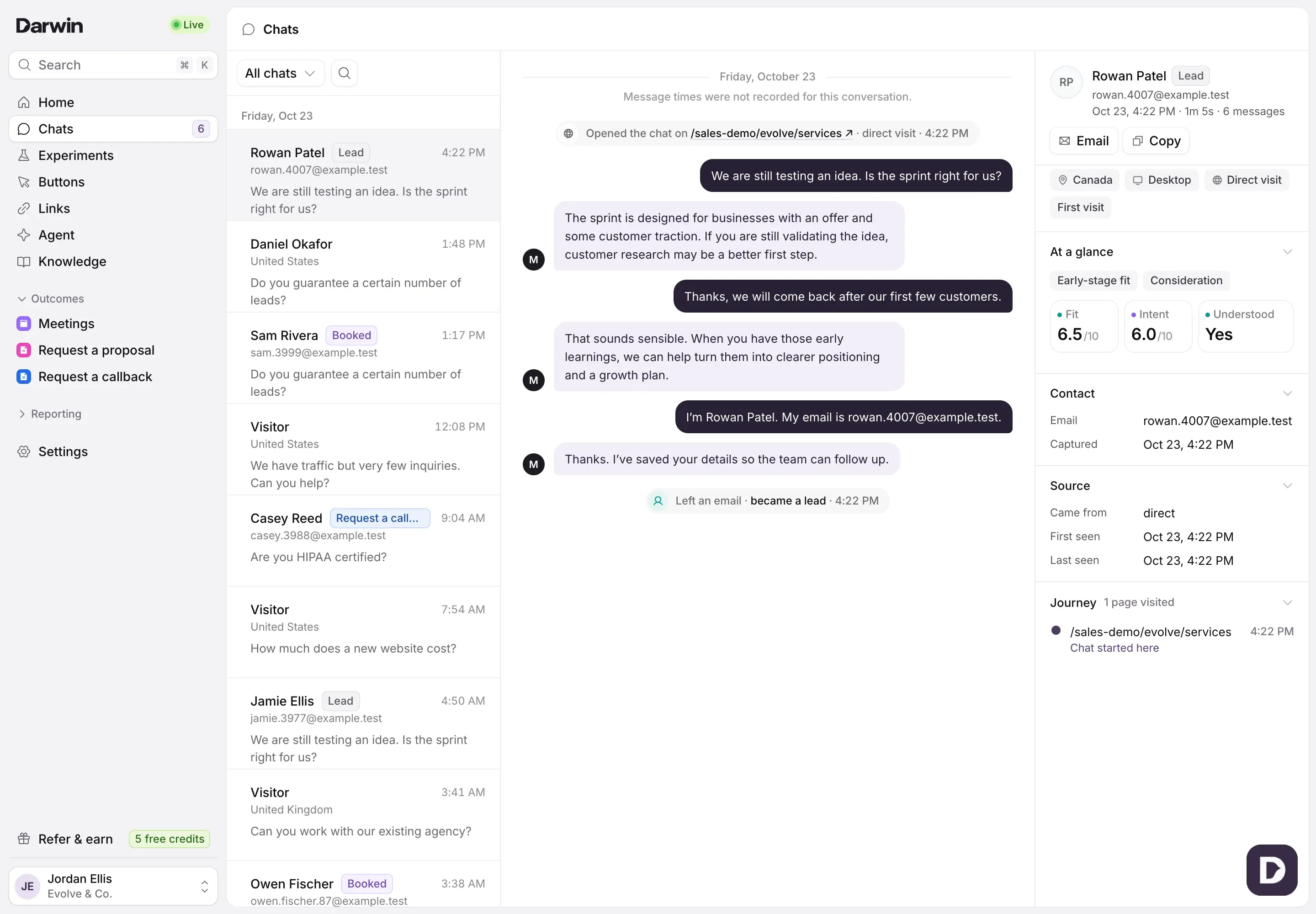 The Chats screen in the Evolve & Co. demo: the list of chats grouped by day with Lead and Booked tags, an open conversation in the middle, and the visitor’s details on the right.