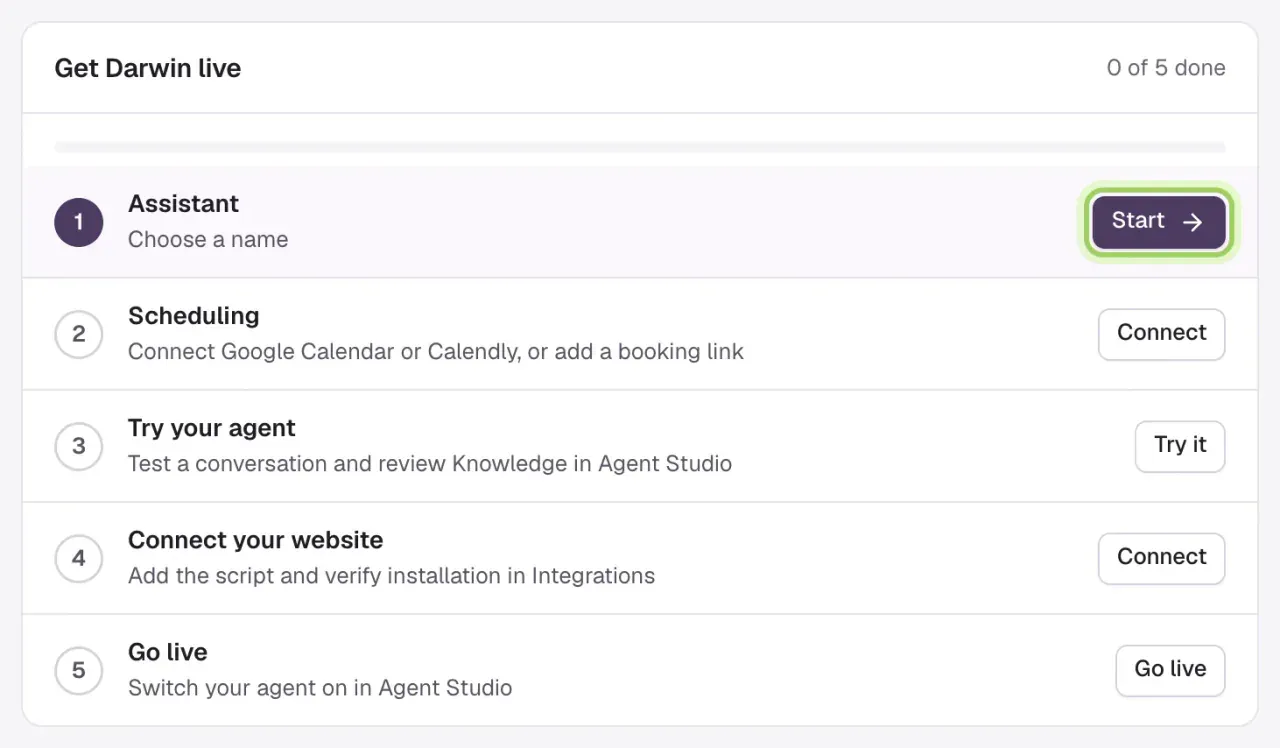 The Get Darwin live card on Home: Assistant, Scheduling, Try your agent, Connect your website and Go live, with Start highlighted on the first step.