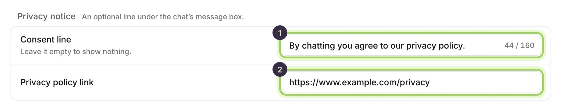 The Privacy notice section with the Consent line marked 1, reading By chatting you agree to our privacy policy, and the Privacy policy link marked 2.