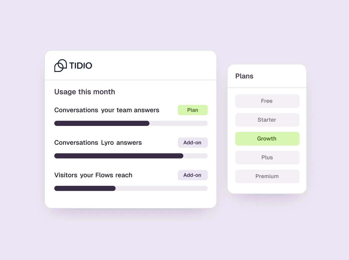 A Tidio usage card with three separate meters, for team conversations, Lyro and Flows, beside its five plans.