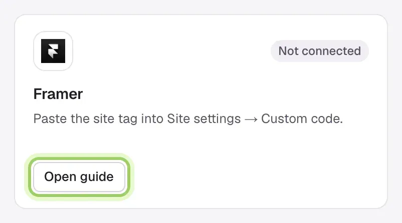 The Framer card on the Integrations screen with its Open guide button highlighted.