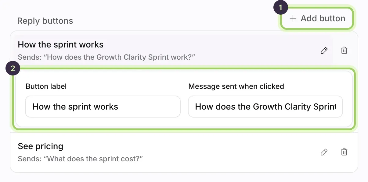 Reply buttons: Add button marked 1, and How the sprint works open for editing with its Button label and Message sent when clicked, marked 2.