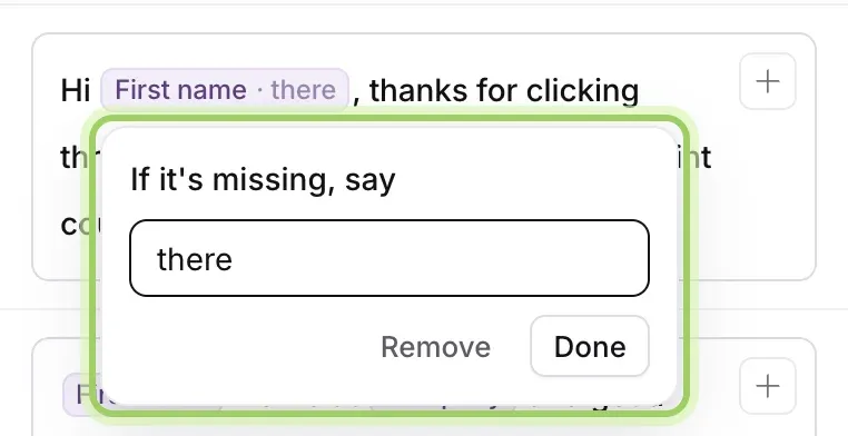 A First name pill selected: If it's missing, say, with "there" typed, and Remove and Done.