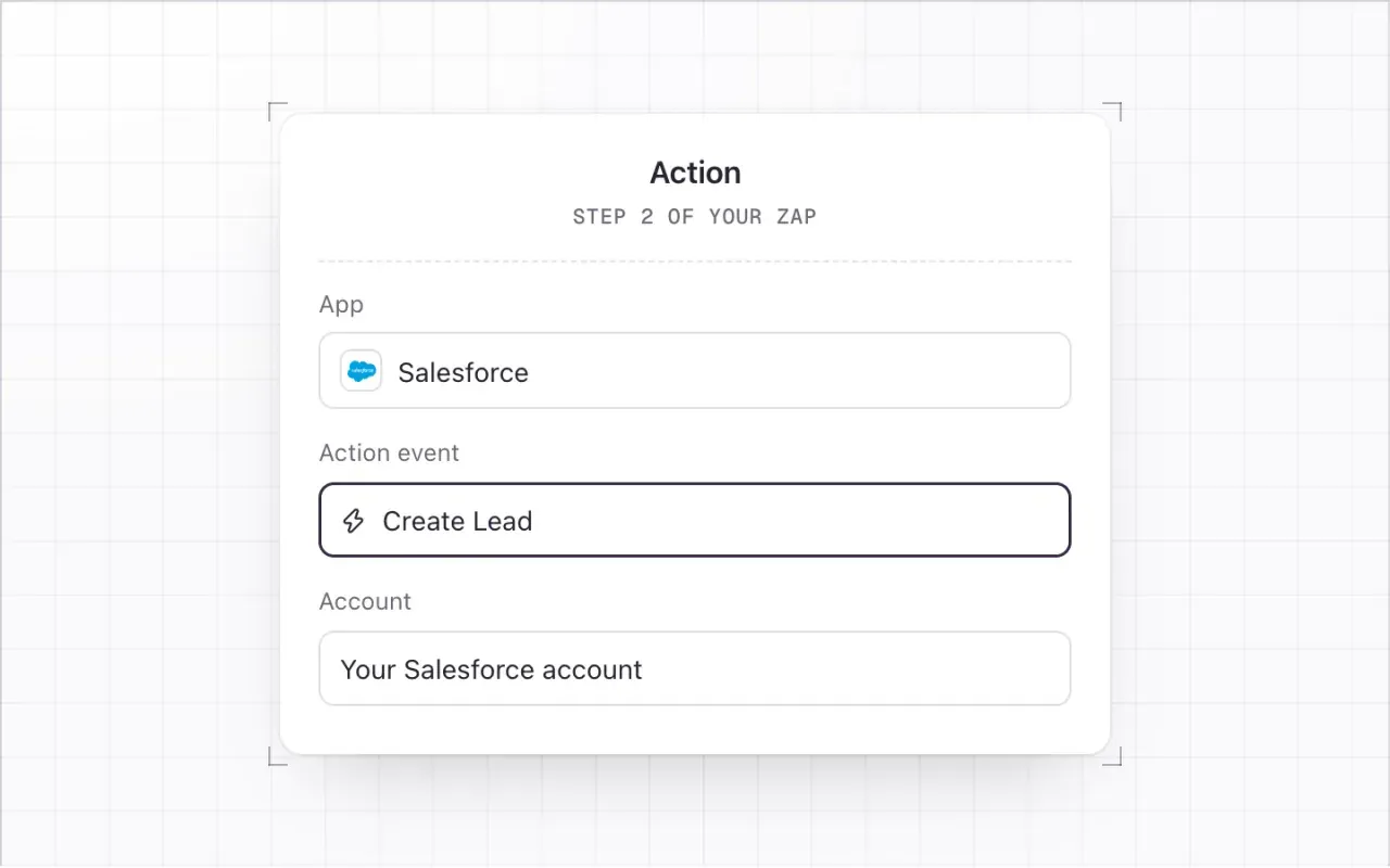 The Zap action: app Salesforce and action event Create Lead highlighted, with your Salesforce account.