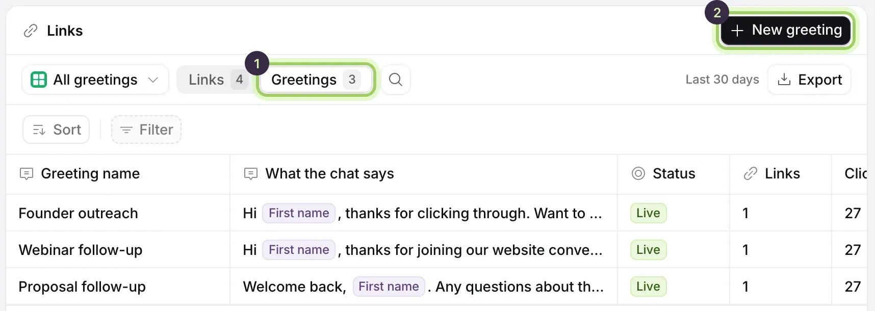 The Greetings list with the Steers toward column, each greeting reading Your chat's usual.