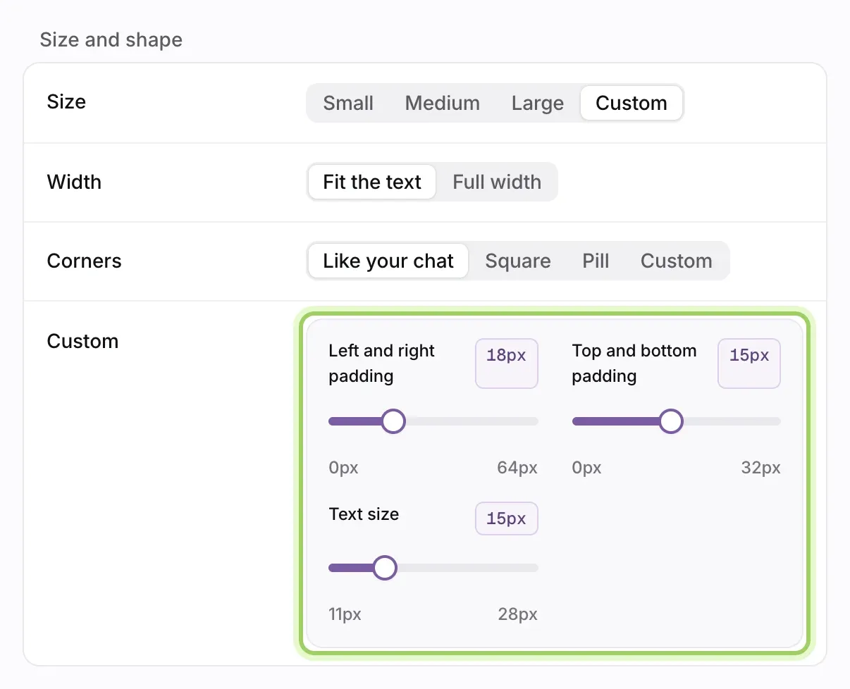 Size set to Custom: the Custom row highlighted, with Left and right padding 18px, Top and bottom padding 15px and Text size 15px.