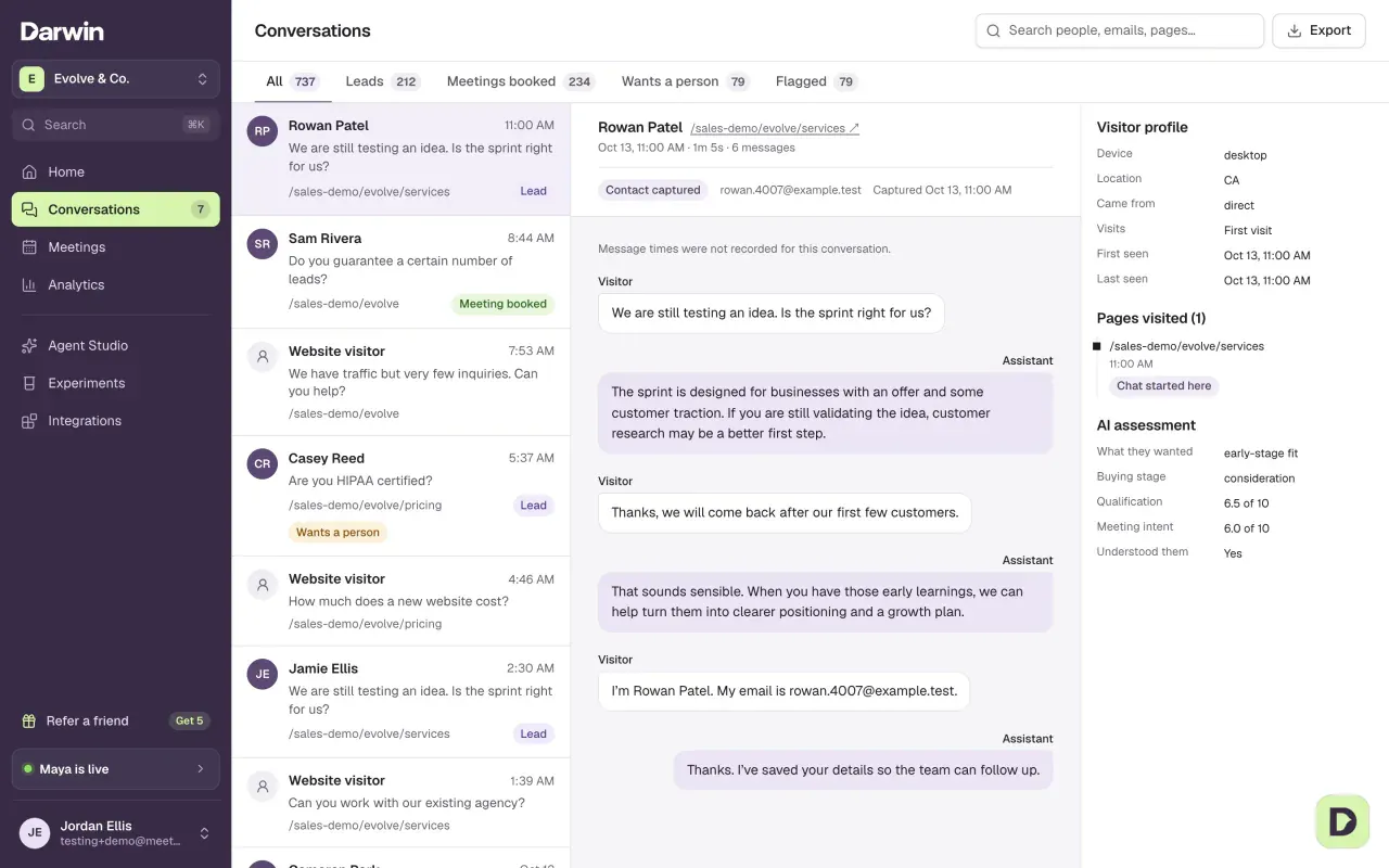 Conversations: filter tabs above the list, an open transcript with Rowan Patel, and the Visitor profile and AI assessment panel.
