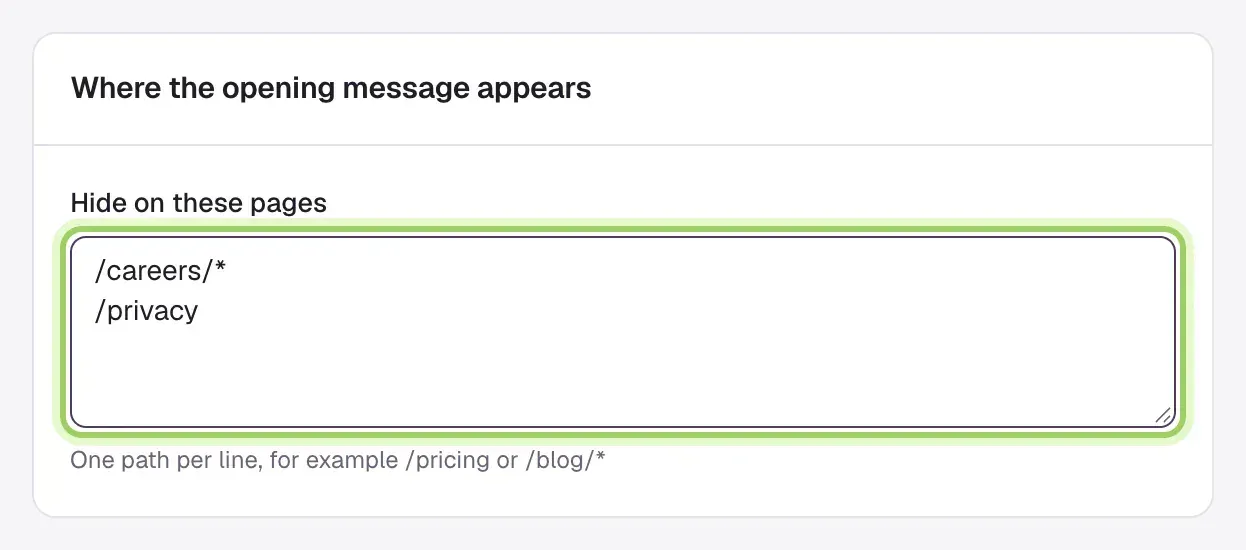 The Hide on these pages box highlighted, holding /careers/* and /privacy on separate lines.