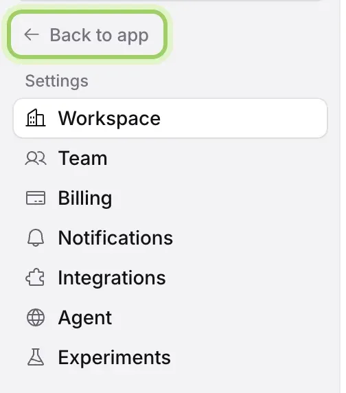 The Settings sidebar with Back to app highlighted at the top.