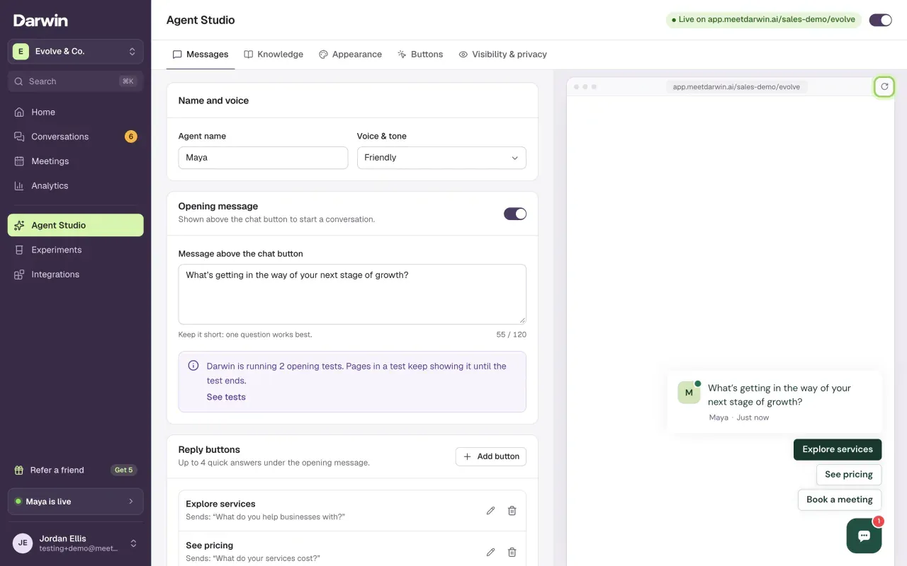 Agent Studio on the Messages tab, with the Preview panel on the right showing the opening message and three reply buttons above the chat button. The refresh icon in the preview's address bar is highlighted.