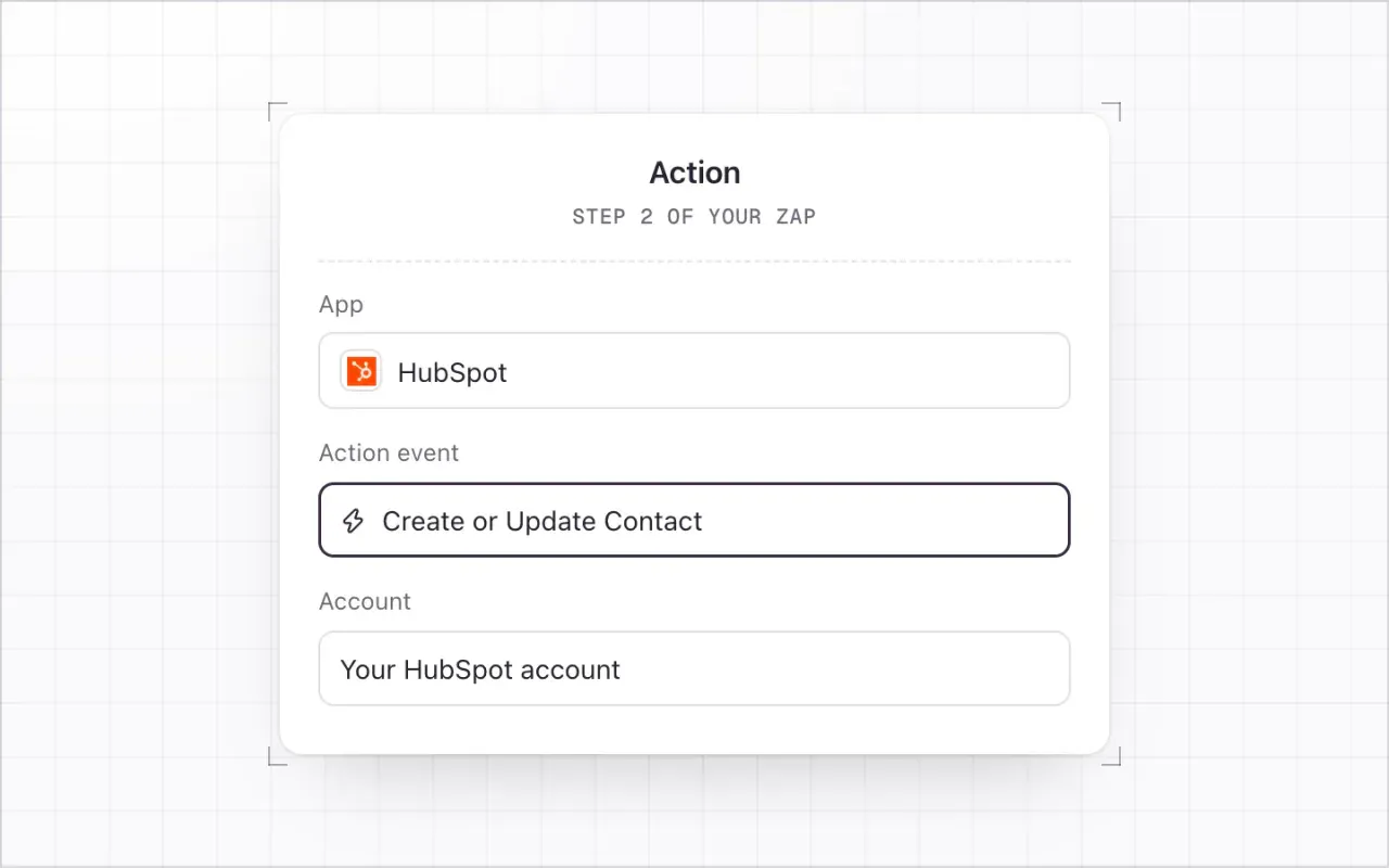 The Zap action: app HubSpot and action event Create or Update Contact highlighted, with your HubSpot account.