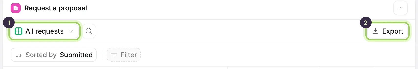The top of the Request a proposal table: the views list reading All requests marked 1, the magnifier, Export marked 2, and Sorted by Submitted with Filter below.