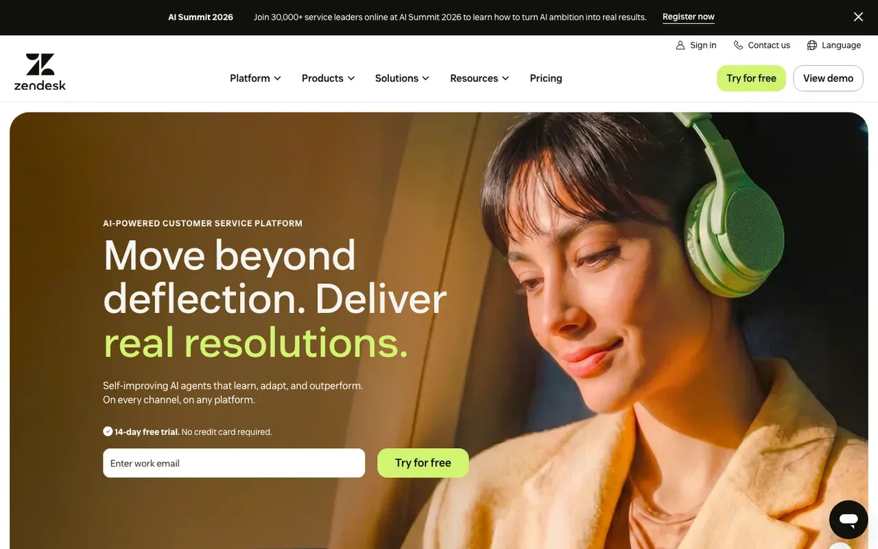Zendesk homepage, screenshot from September 2026