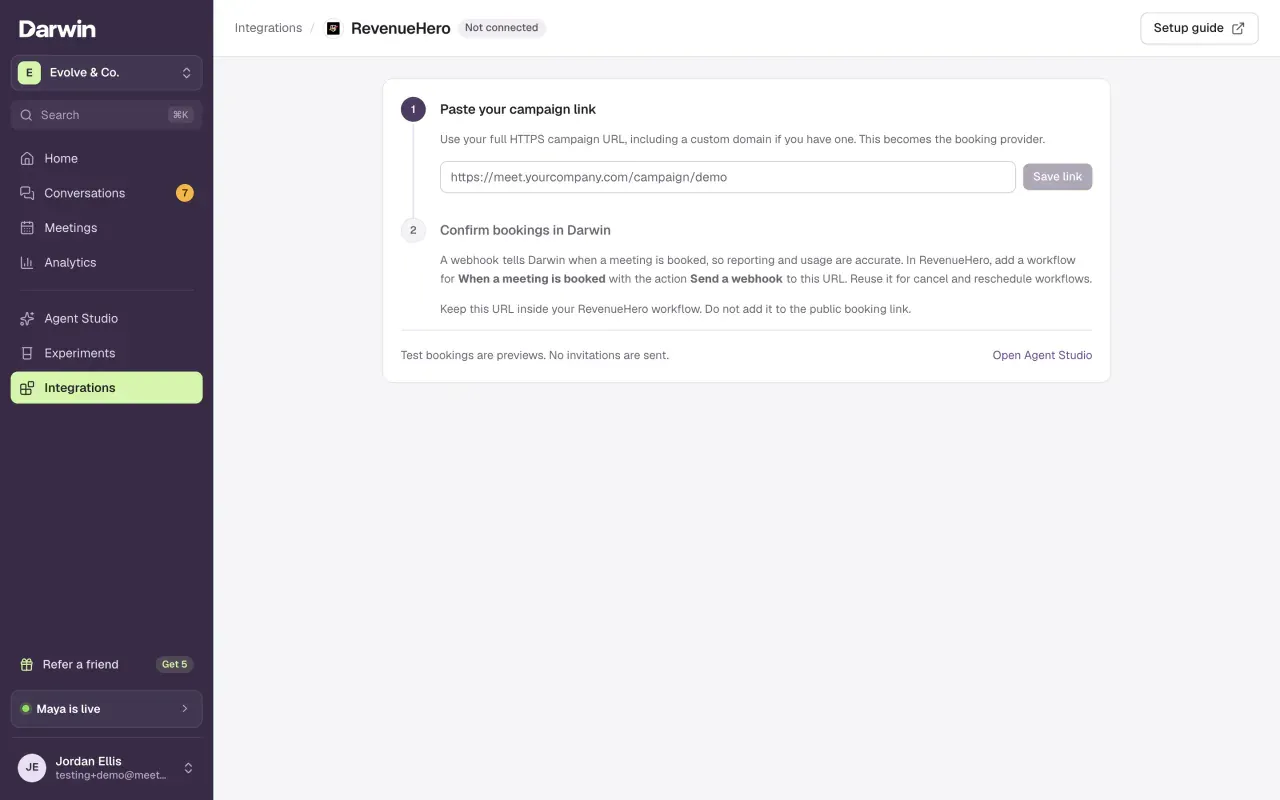 The RevenueHero setup page with step 1 Paste your campaign link and step 2 Confirm bookings in Darwin.