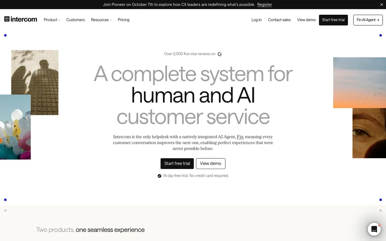 Intercom homepage, screenshot from September 2026
