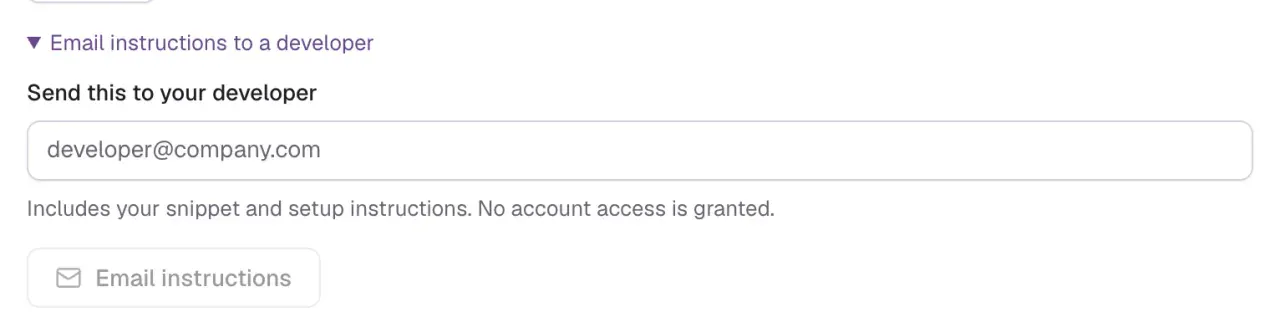 Email instructions to a developer, opened: the Send this to your developer field and the Email instructions button.