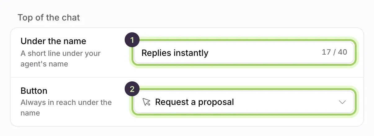 The Top of the chat section: Under the name reading Replies instantly marked 1, and Button set to Request a proposal marked 2.