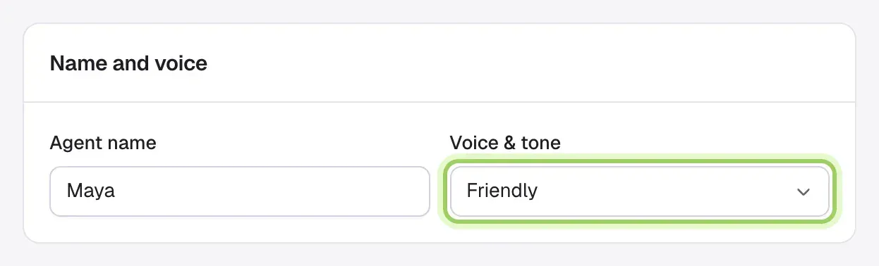 The Name and voice section with the Agent name field and the Voice & tone menu, set to Friendly, marked.