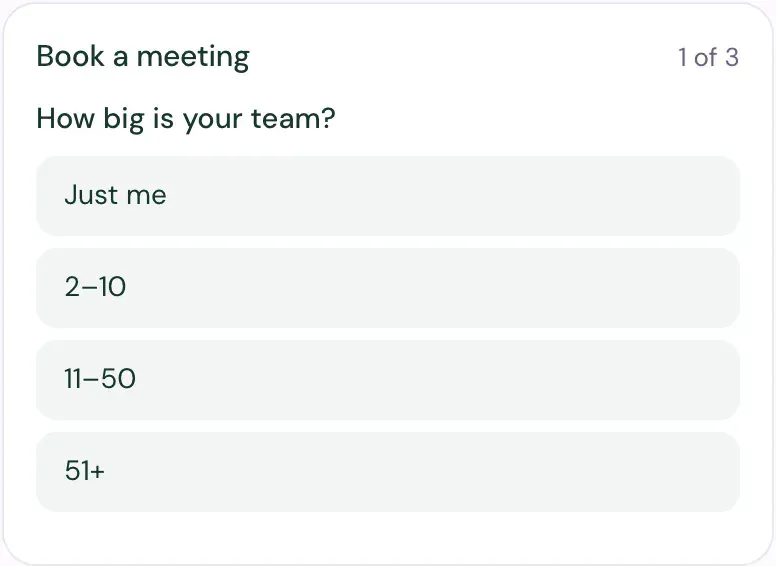 Book a meeting in the chat, step 1 of 3: How big is your team?, with the choices Just me, 2–10, 11–50 and 51+.