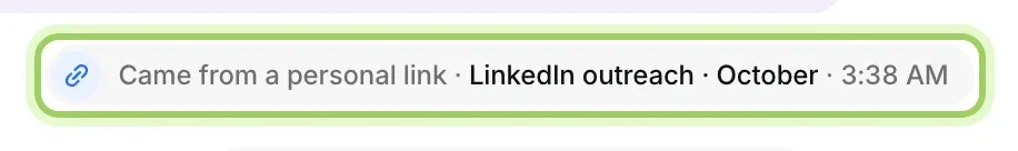The conversation timeline line Came from a personal link · LinkedIn outreach · October, highlighted.