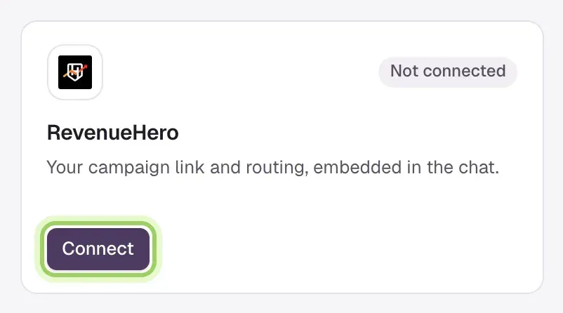 The RevenueHero card on the Integrations screen with its Connect button highlighted.