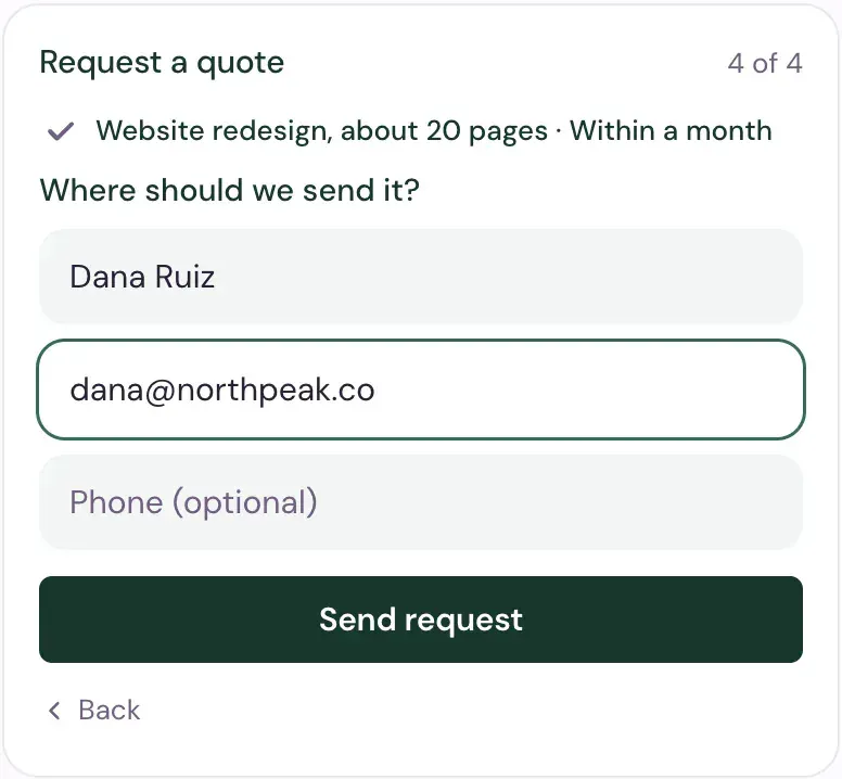 The last step of Request a quote in the chat, 4 of 4: the answers folded into one line, Where should we send it?, with the name Dana Ruiz, the email dana@northpeak.co, an optional phone field, Send request and Back.
