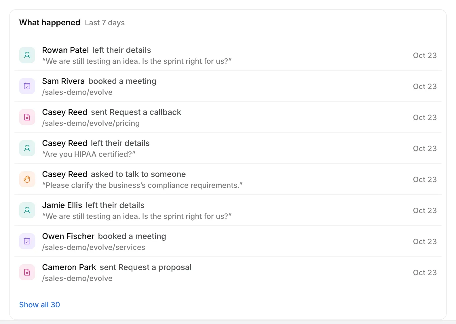 What happened, Last 7 days: Rowan Patel left their details, Sam Rivera booked a meeting, Casey Reed sent Request a callback, Casey Reed asked to talk to someone, and more, with Show all 30 at the bottom.