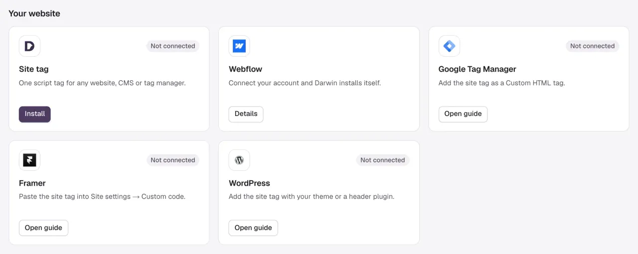 The Your website section of Integrations: Site tag, Webflow, Google Tag Manager, Framer and WordPress cards.