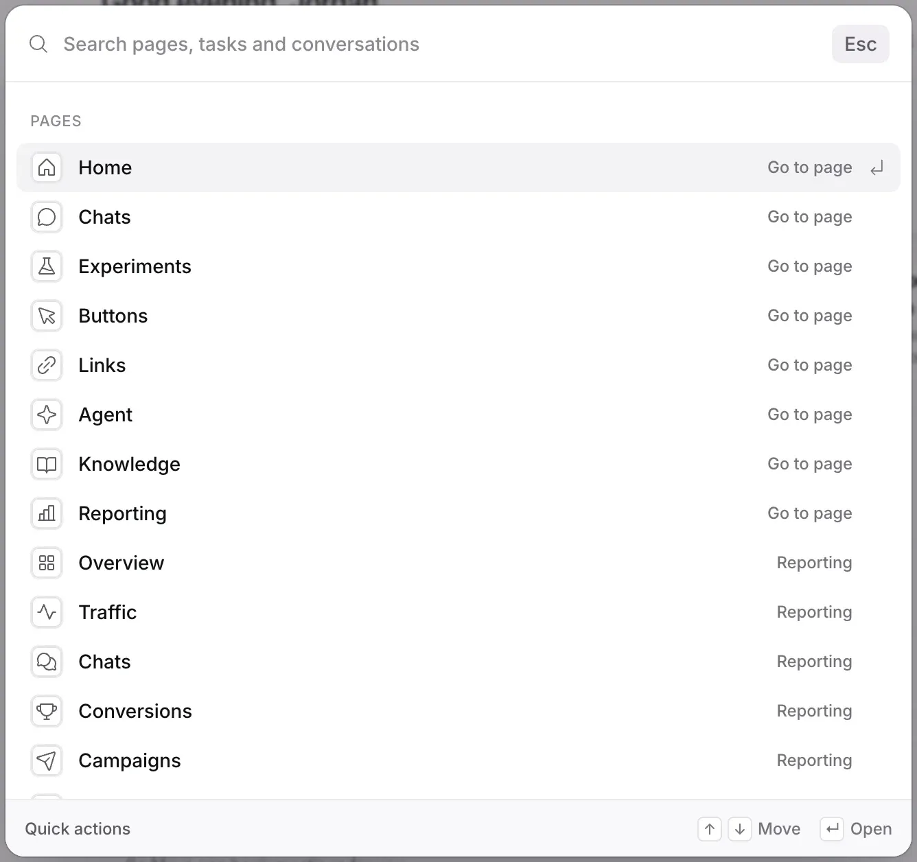 Search open with Search pages, tasks and conversations, and Pages listing Home, Chats, Experiments, Buttons, Links, Agent, Knowledge, Reporting and its reports.