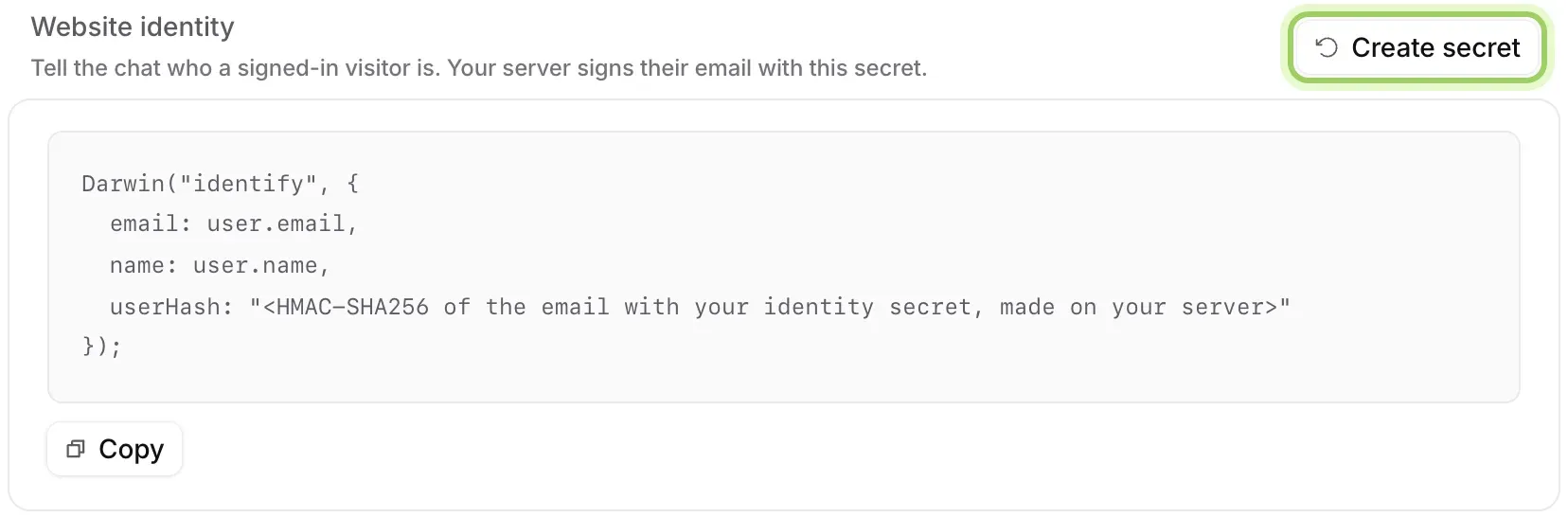 The Website identity section with the Darwin identify snippet and Copy, and the Create secret button highlighted.