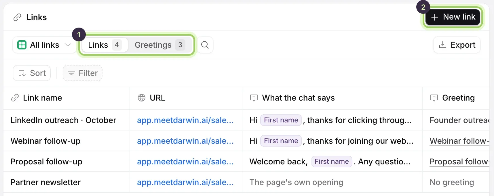 The Links page: the Links and Greetings switch marked 1 above a table of four links with their URL, what the chat says, their greeting, clicks, chats and outcomes, and New link marked 2.