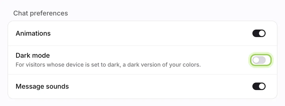 The Chat preferences section with switches for Animations, Dark mode (highlighted) and Message sounds.