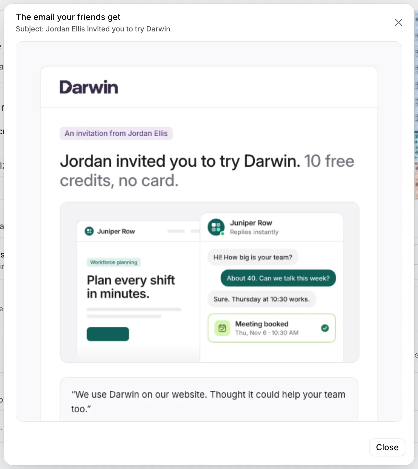 The email your friends get: the subject Jordan Ellis invited you to try Darwin, the free credits, a picture of a chat booking a meeting, and the note.